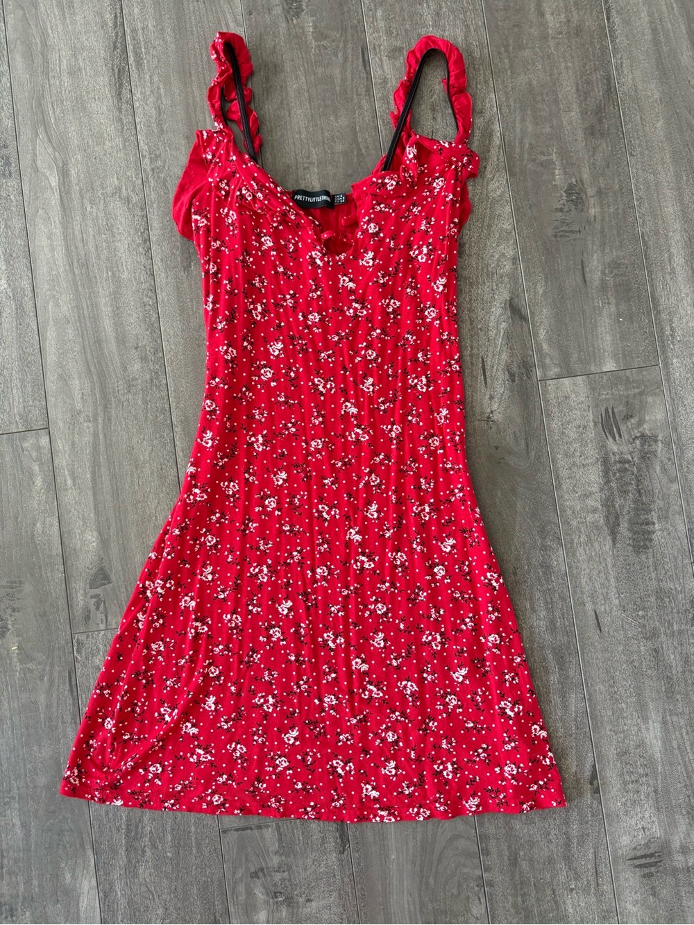 PrettyLittleThing Red Floral Ruffle Strap Mini Dress